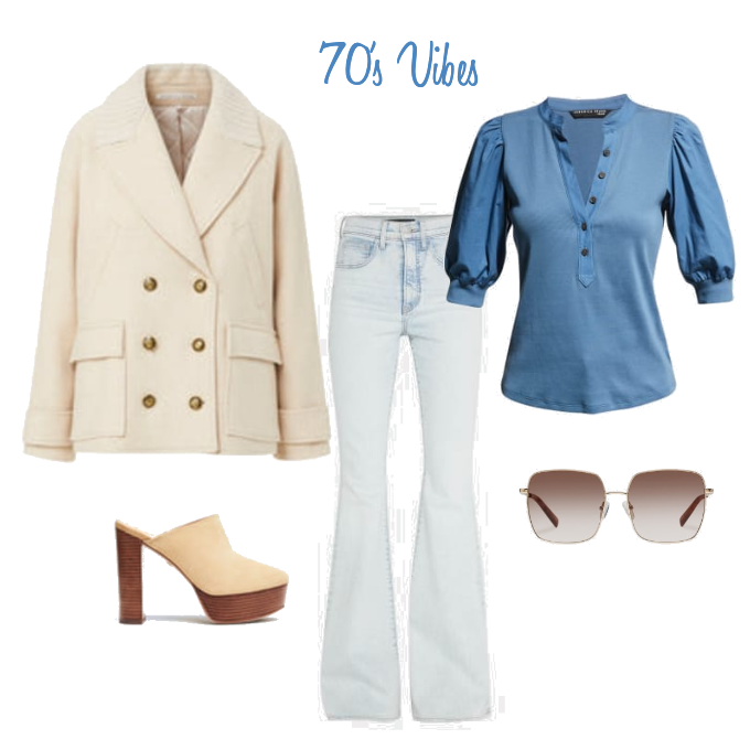 70's vibes by Veronica Beard Sheridan Bellbottoms, Coralee top, Shirin DIckey Jacket, Maren Platform Clog