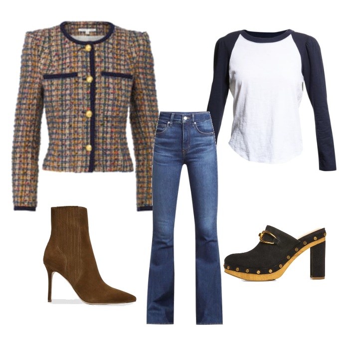 Veronica Beard Lars Tweed Jacket, Mason Baseball T, Beverly Skinny Flare, Vera Tassel Clog, Lisa Stiletto heel bootie