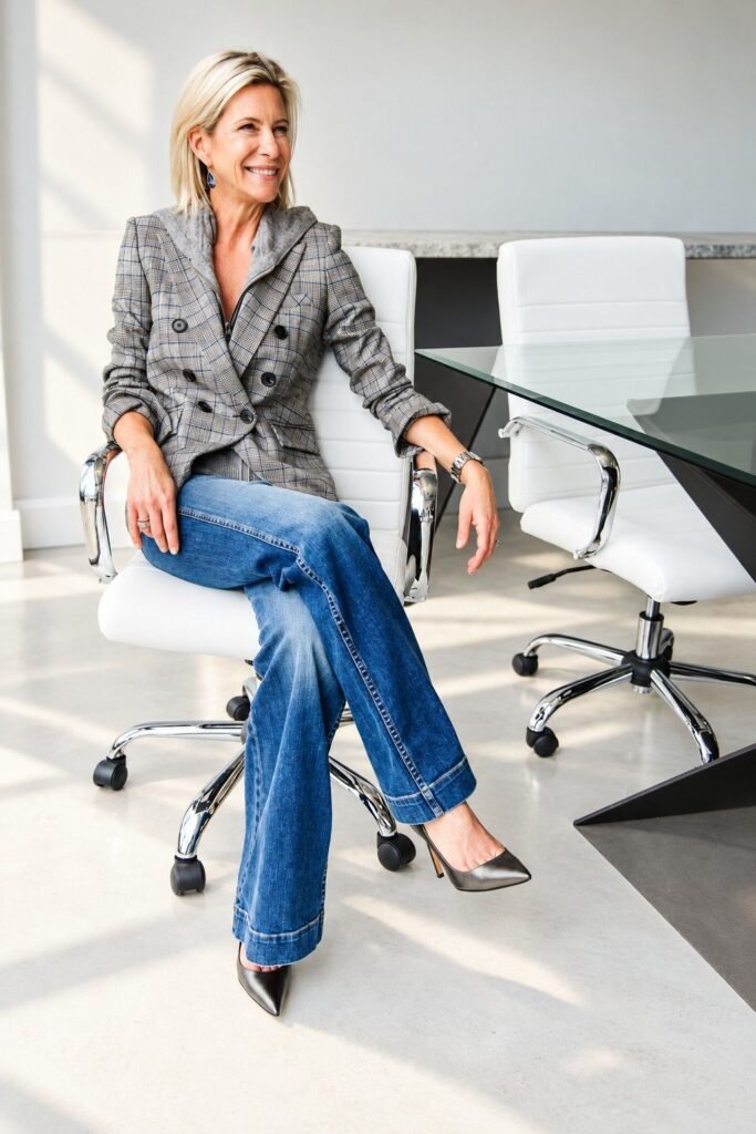 Angela Howenstein wearing a gray plaid double-breasted blazer with jeans and pointed-toe heels.
