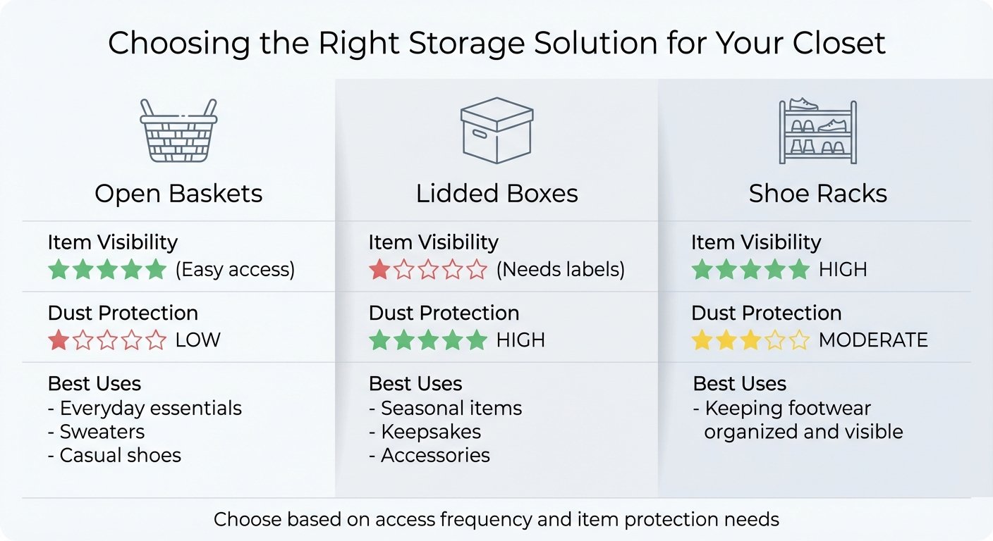 Storage Solutions Comparison: Open Baskets vs Lidded Boxes vs Shoe Racks