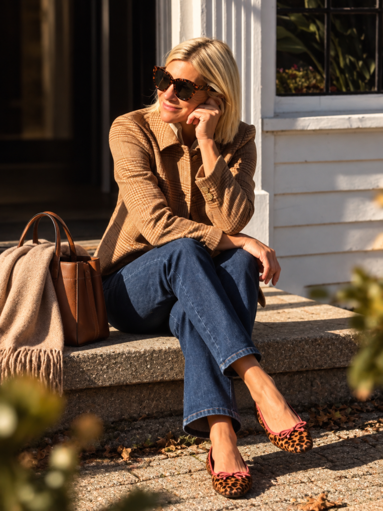 Angela seated on outdoor steps in a brown checked jacket, jeans and leopard ballet flats with pink trim.