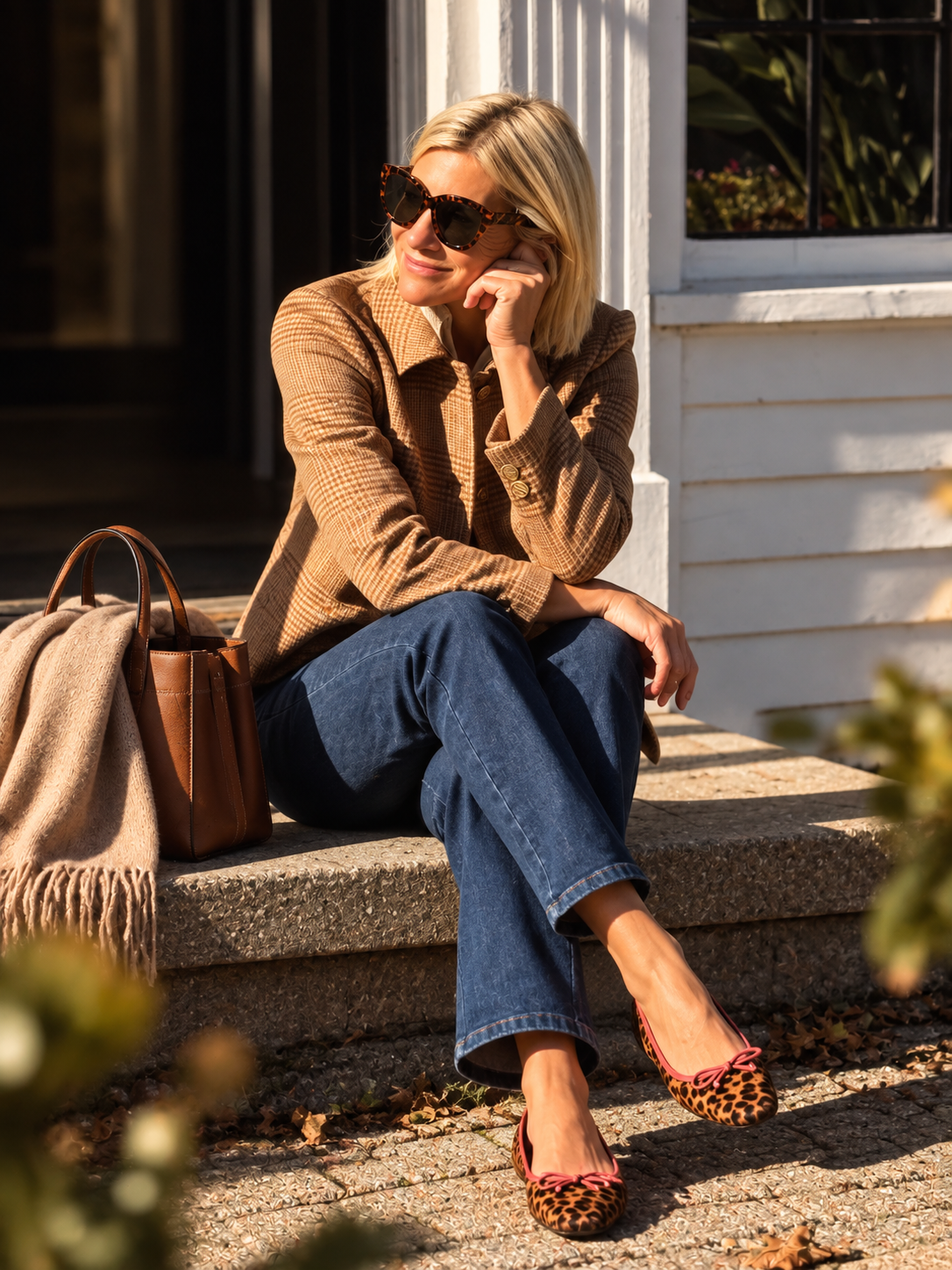 Angela seated on outdoor steps in a brown checked jacket, jeans and leopard ballet flats with pink trim.