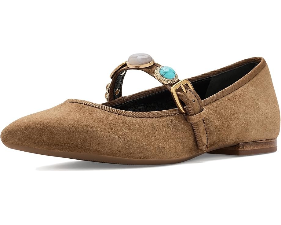 Veronica Beard Selene Charms pointed suede flat in Chestnut with a multicolored jeweled strap.