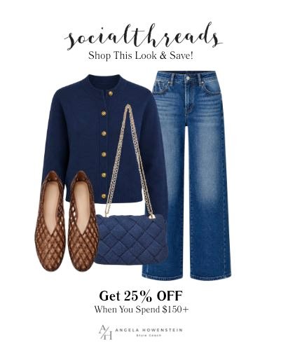 Social Threads outfit board with a navy cardigan, wide-leg jeans, woven brown flats and a quilted navy bag.
