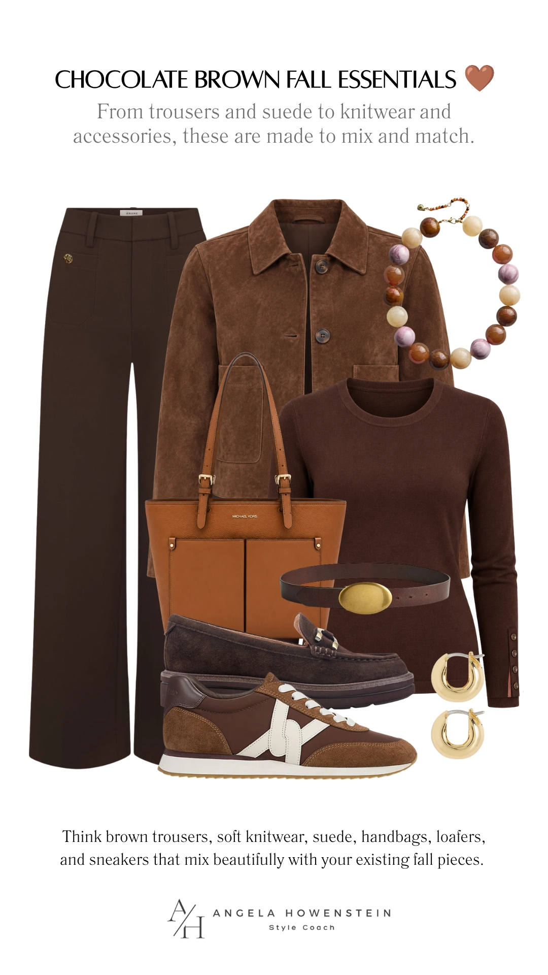 Chocolate-brown trousers, soft knits, and suede layers