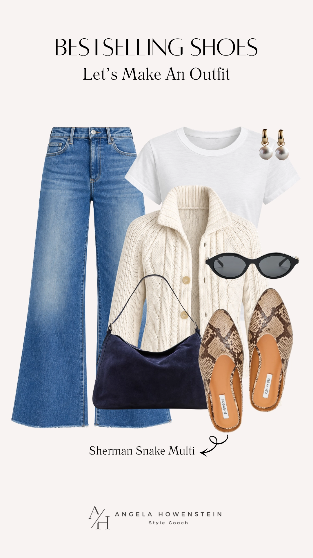 Denim, white tee, cream cardigan, neutral snake-print shoes