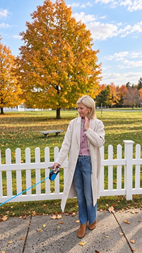 Angela Howenstein wearing a light coat over a pink sweater with wide-leg jeans and tan ankle boots outdoors in autumn.