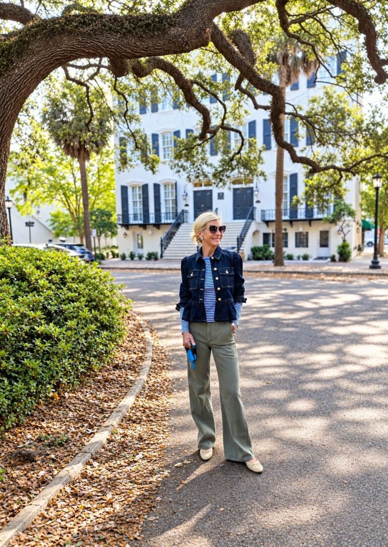 Angela Howenstein wearing a dark denim jacket over a striped top with olive trousers and white shoes.