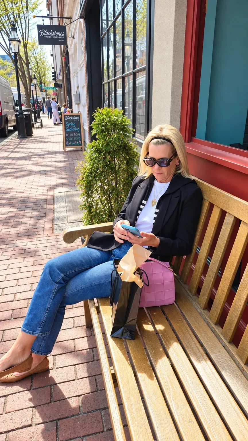 Angela Howenstein wearing a black blazer over a striped top with jeans and tan flats while seated on a bench.