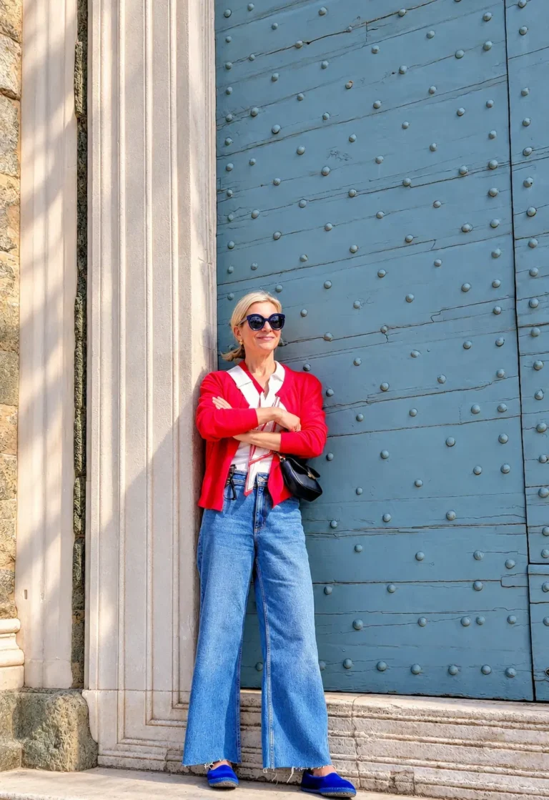 Angela Howenstein wearing a red cardigan, wide-leg jeans, a neck scarf and blue flats beside a blue door.