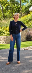 Angela Howenstein wearing a navy cardigan, straight-leg jeans and tan flats in a garden.