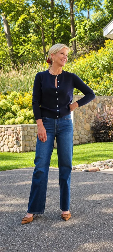 Angela Howenstein wearing a navy cardigan, straight-leg jeans and tan flats in a garden.