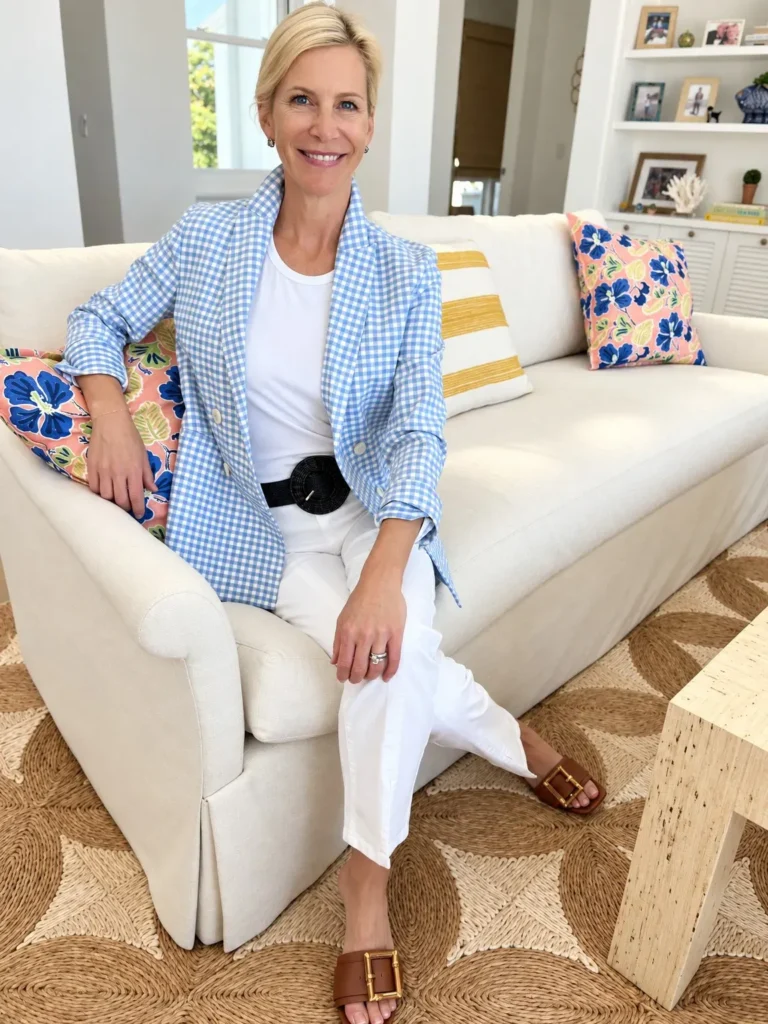 Angela Howenstein wearing a blue gingham blazer, white top and cropped white pants with brown loafers.