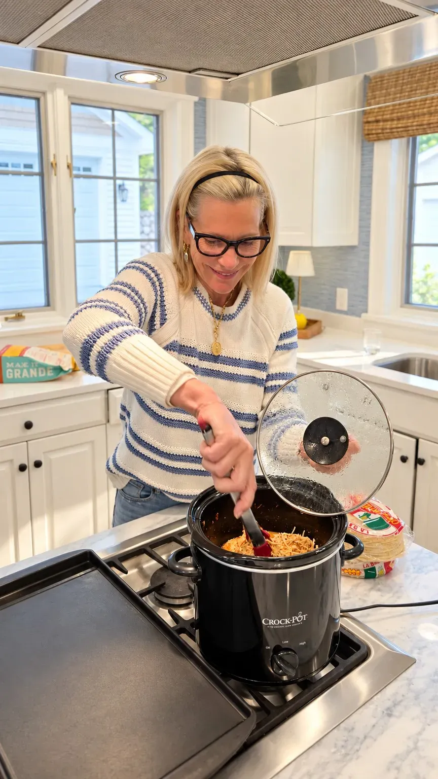 Angela Howenstein wearing a cream and blue striped sweater while cooking in her kitchen.