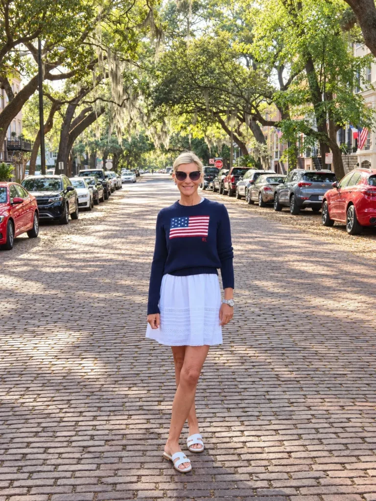 Angela Howenstein wearing a navy flag sweater, white skirt and flat sandals on a tree-lined street.