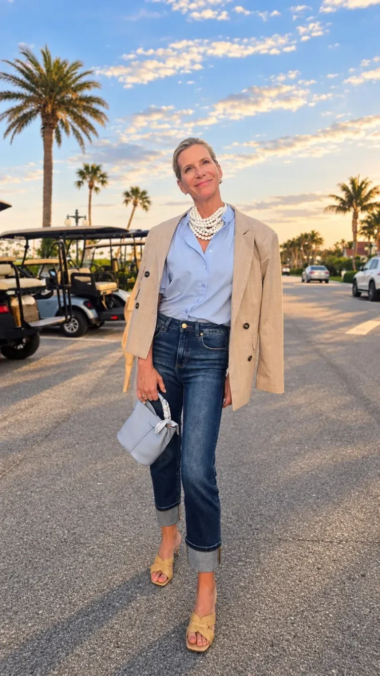 Angela Howenstein wearing a camel blazer, pale blue shirt, cropped jeans and patterned flats.