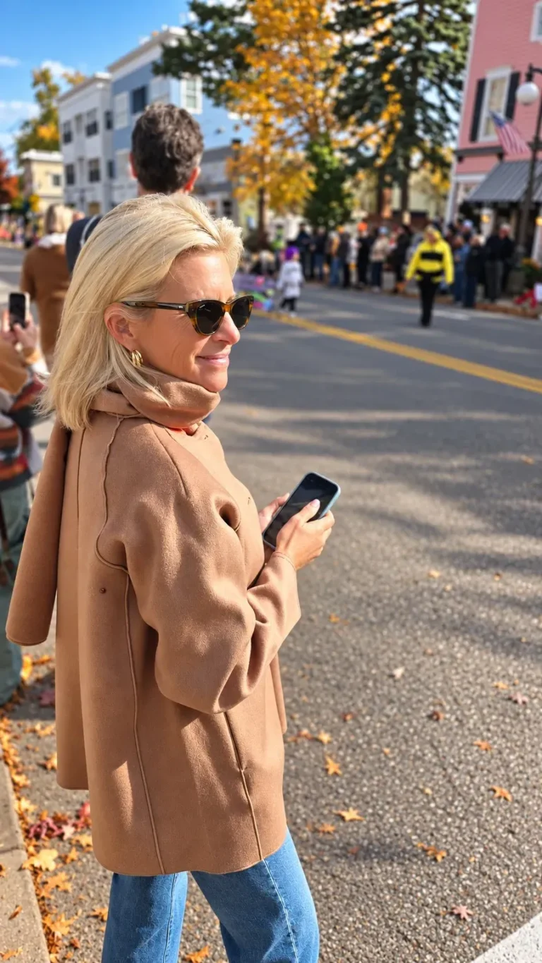 Angela Howenstein wearing a camel jacket and jeans on an autumn city street.