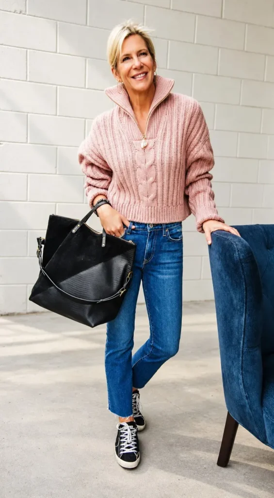 Angela Howenstein wearing a pink zip-neck sweater, cuffed jeans and black sneakers with a black tote.