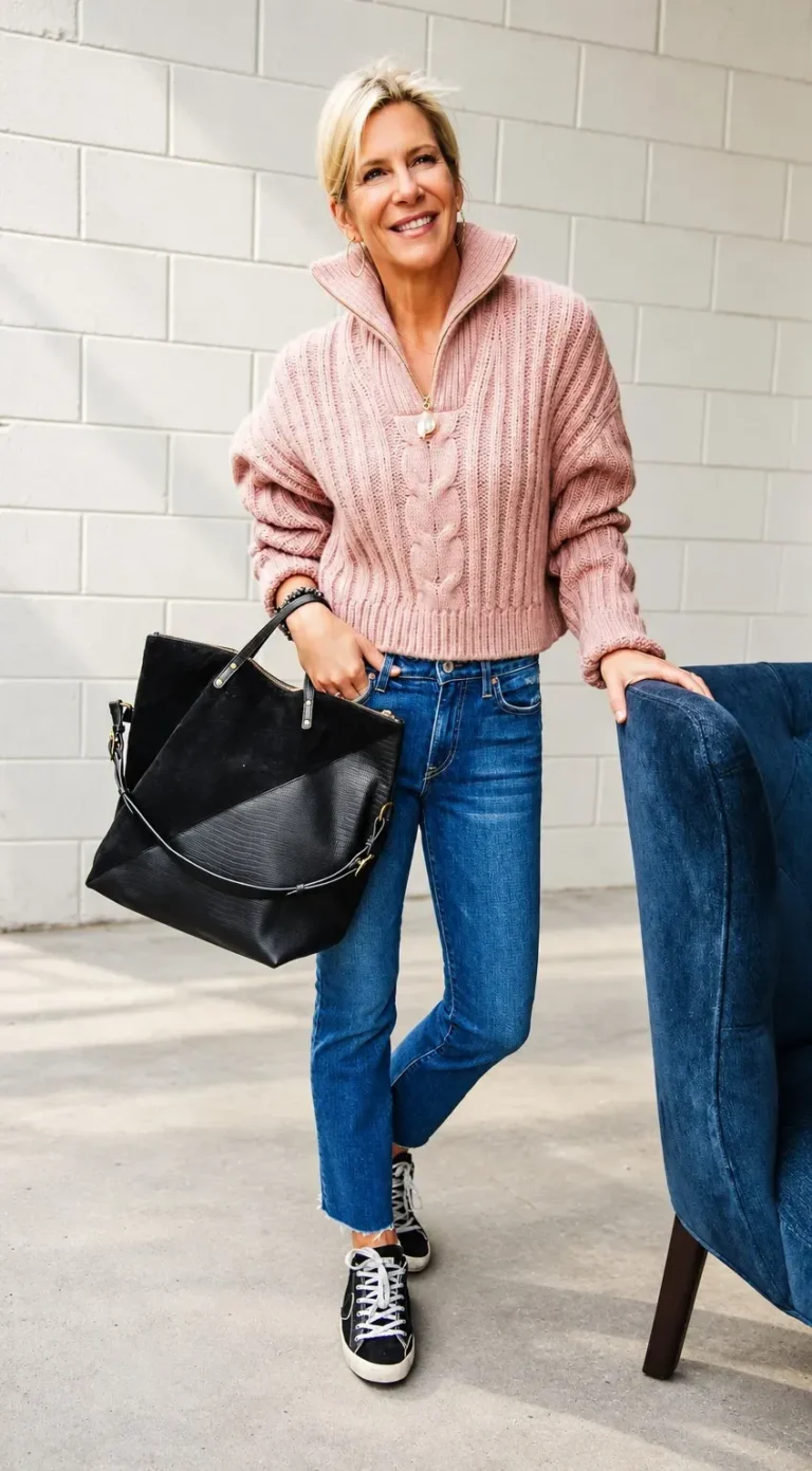 Angela Howenstein wearing a pink zip-neck sweater, cuffed jeans and black sneakers with a black tote.