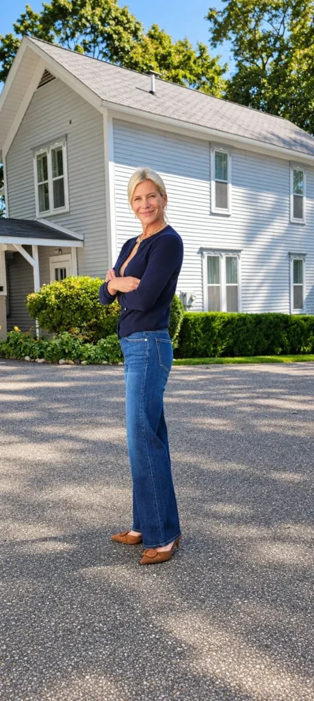 Angela Howenstein wearing a navy cardigan with blue jeans and tan flats outside a house.