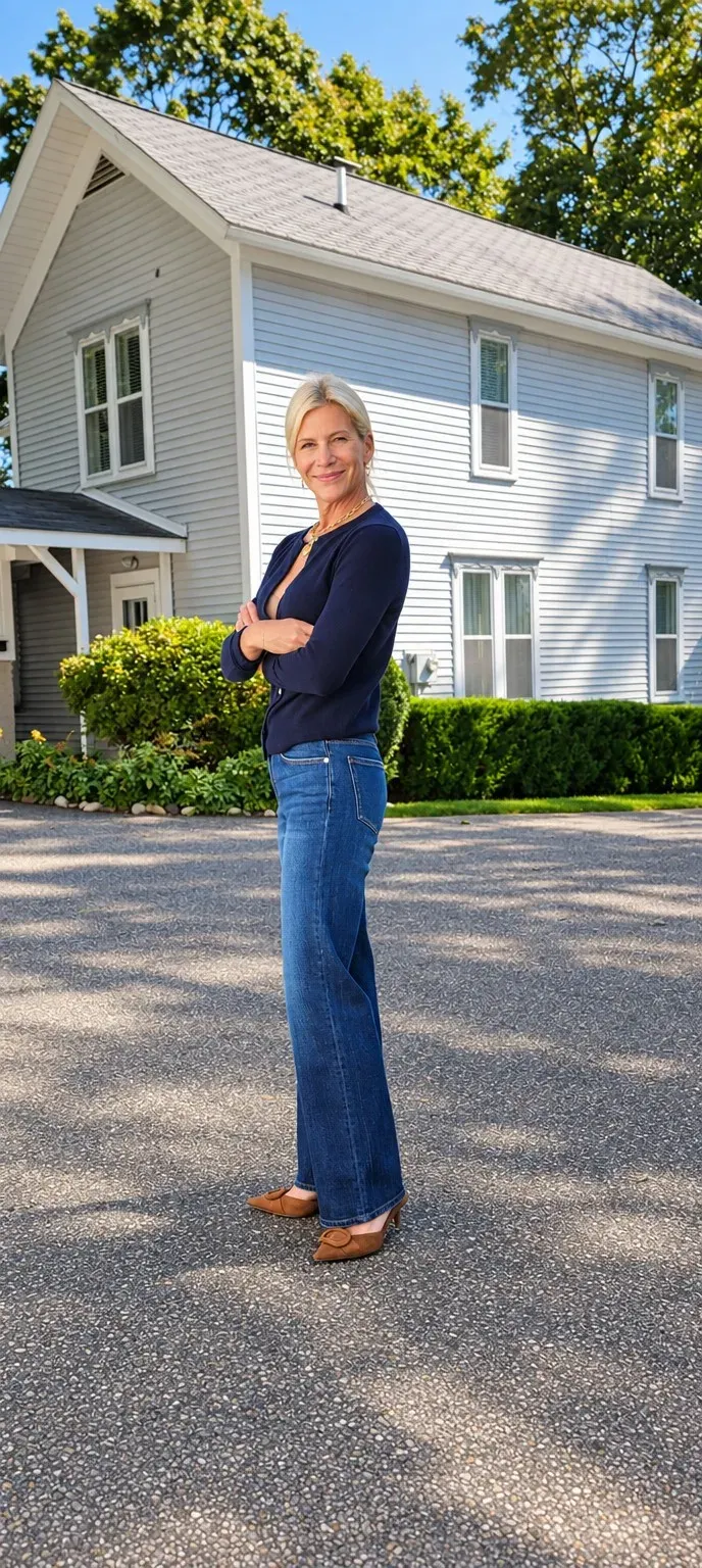 Angela Howenstein wearing a navy cardigan with blue jeans and tan flats outside a house.