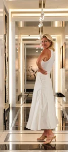 Angela Howenstein wearing a sleeveless white midi dress with neutral heels in a gallery hallway.