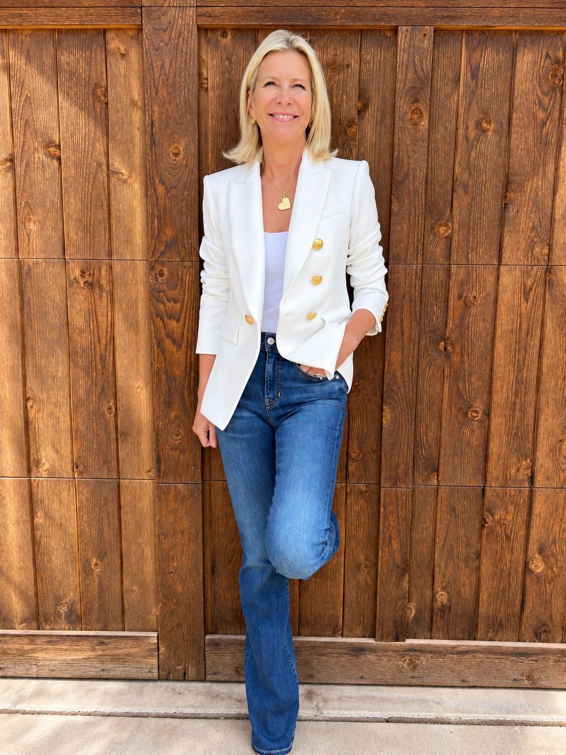Angela Howenstein wearing a white double-breasted blazer over a white top with blue jeans.