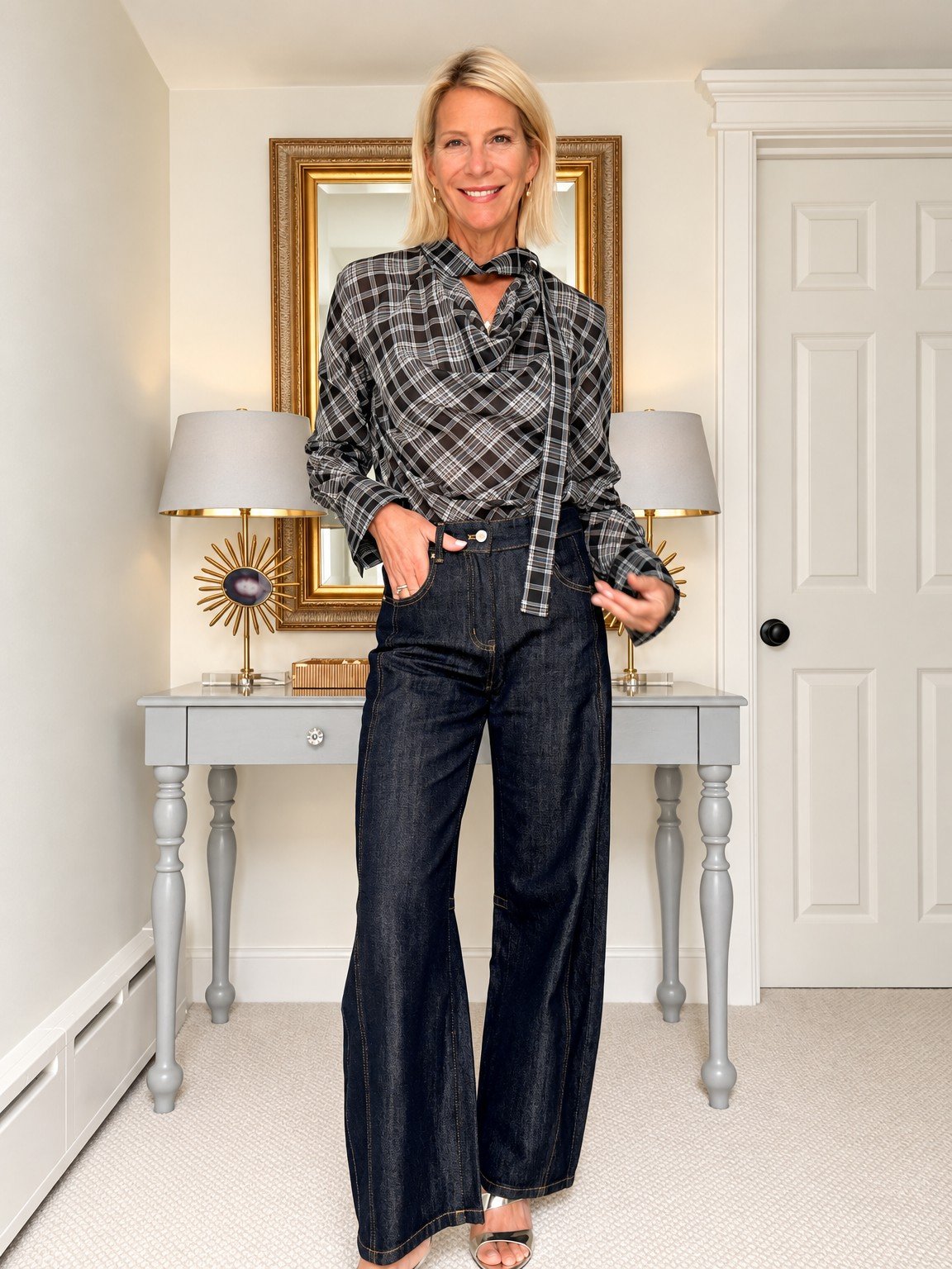 Angela wearing a black-and-white scarf-tie blouse with dark barrel-leg jeans and metallic sandals.