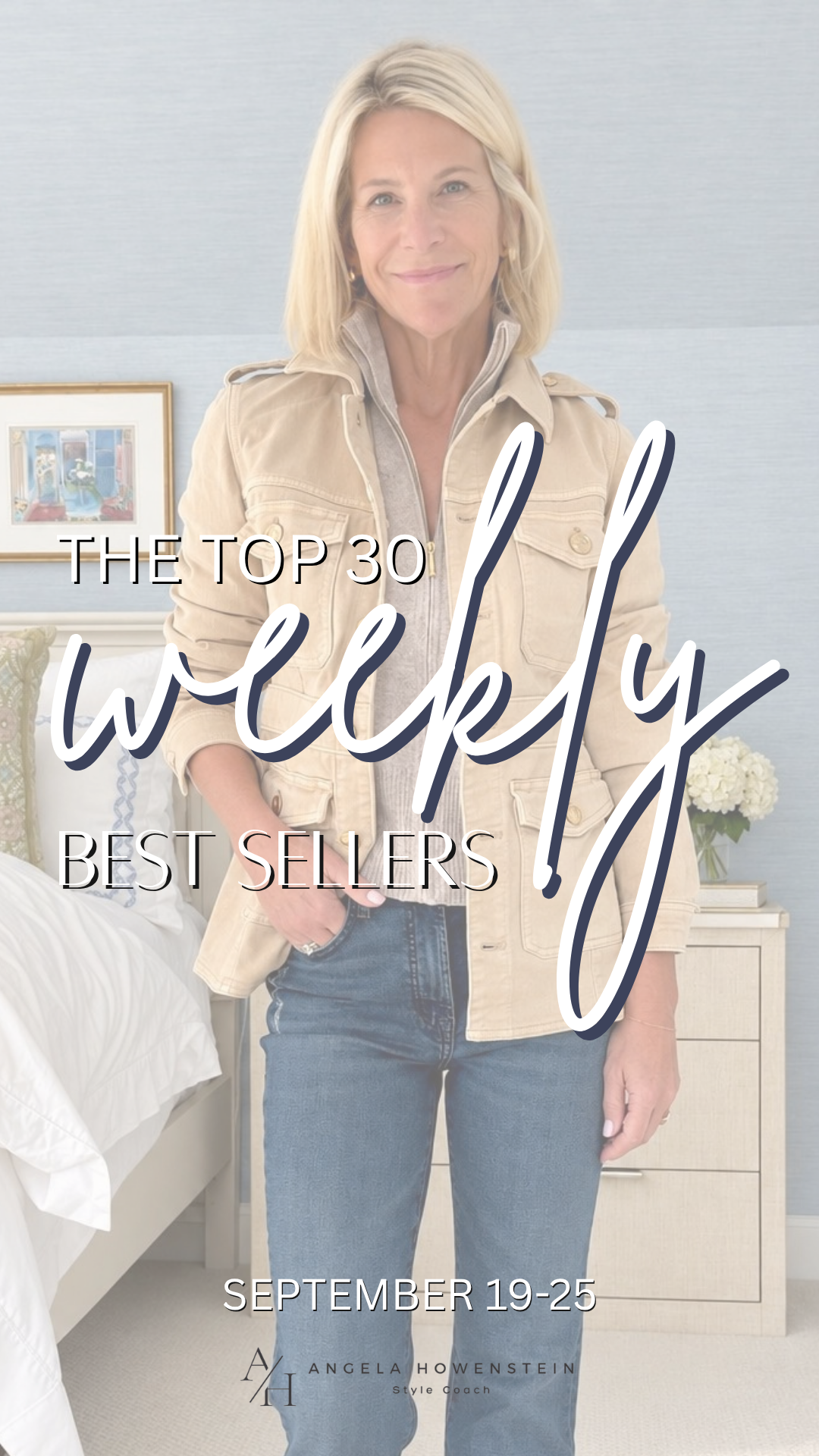 A beige utility jacket, gray sweater, and blue jeans.
