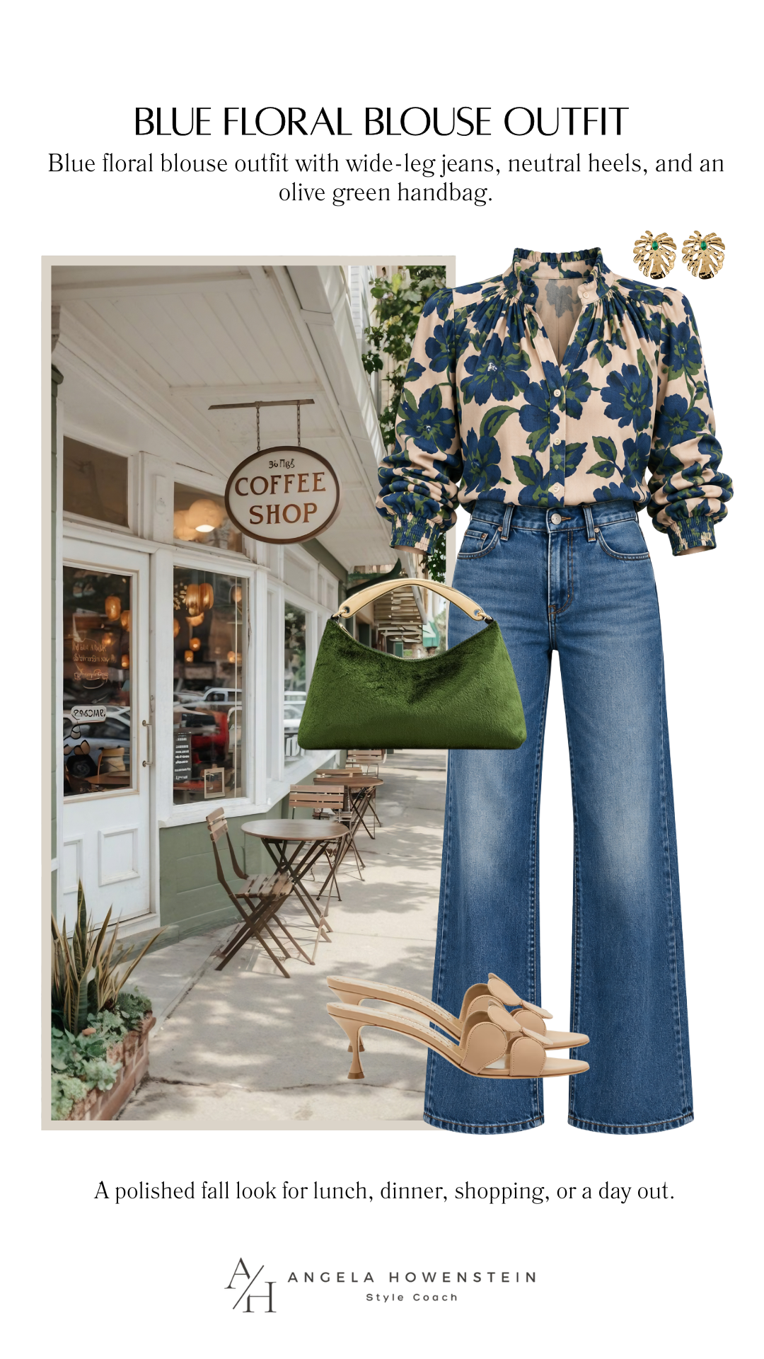 A blue floral blouse with wide-leg denim, neutral heels, and an olive bag.