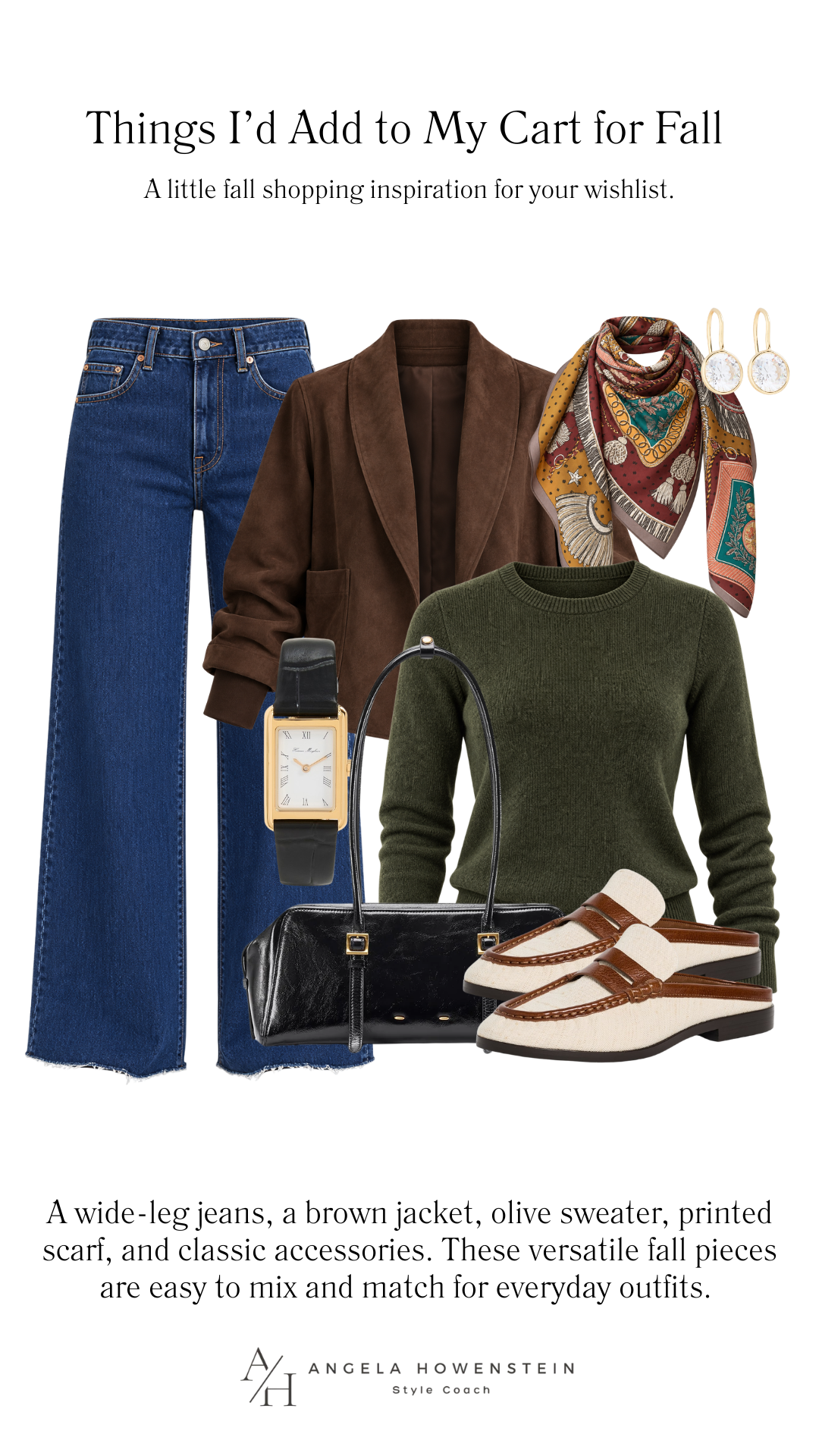 A brown jacket, olive sweater, wide-leg jeans, and a printed scarf.