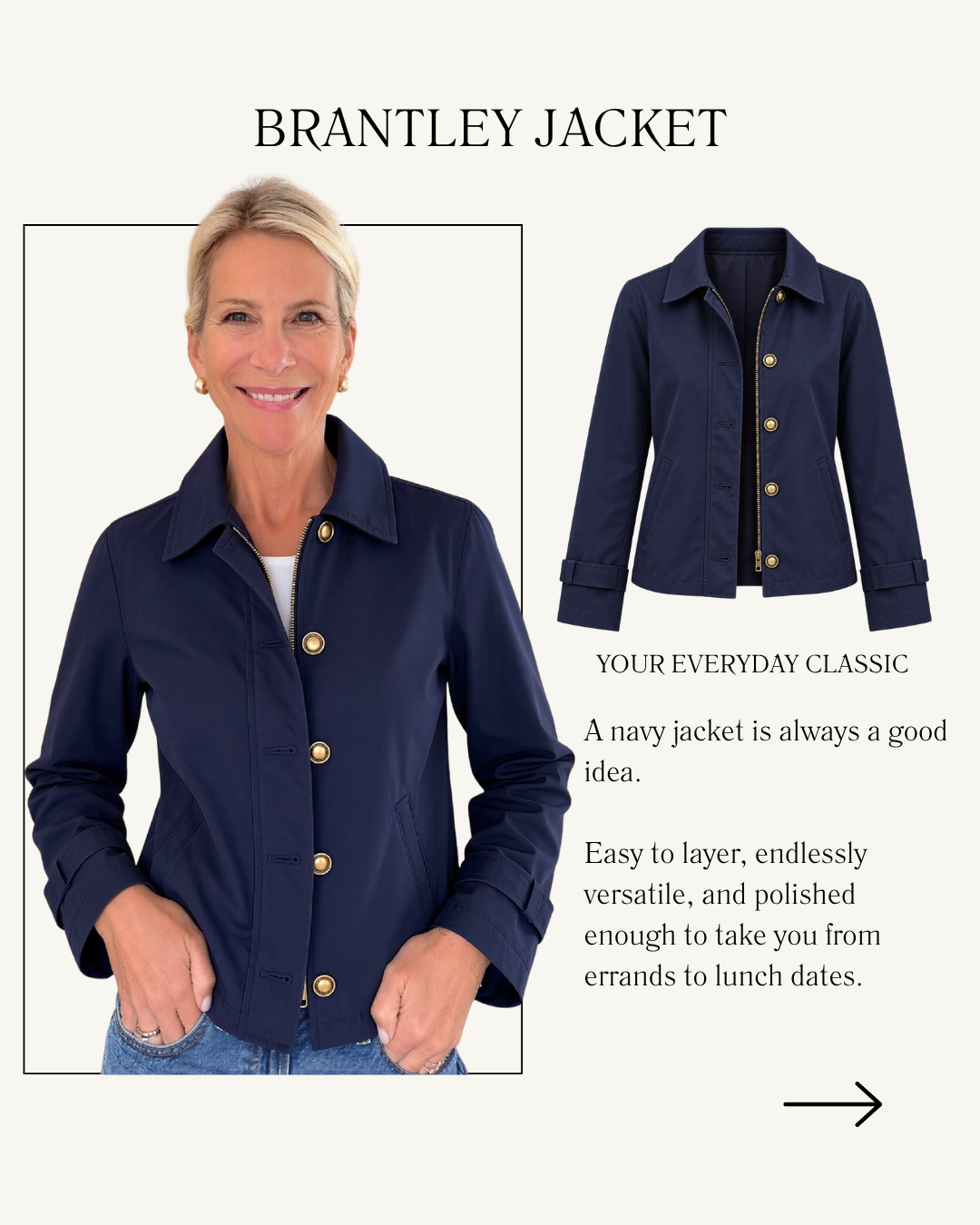 A navy Brantley jacket paired with denim.
