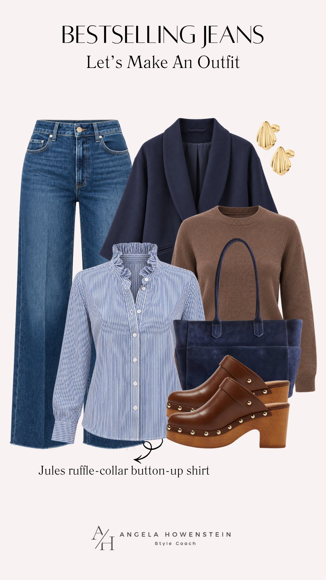 Wide-leg jeans with a navy blazer, striped ruffle-collar shirt, brown sweater, navy tote, and cognac clogs.