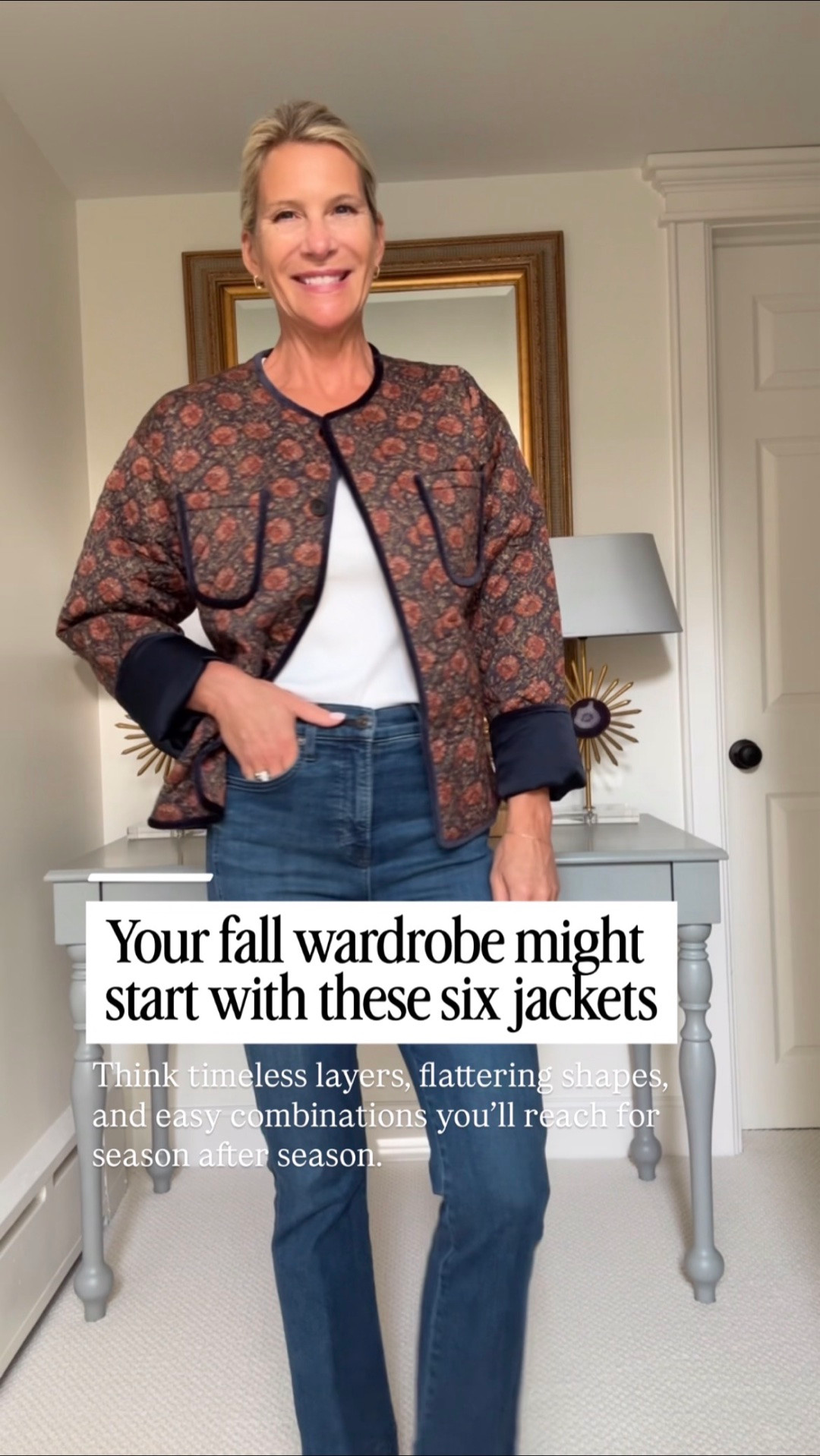 A quilted fall jacket over a white top with jeans.