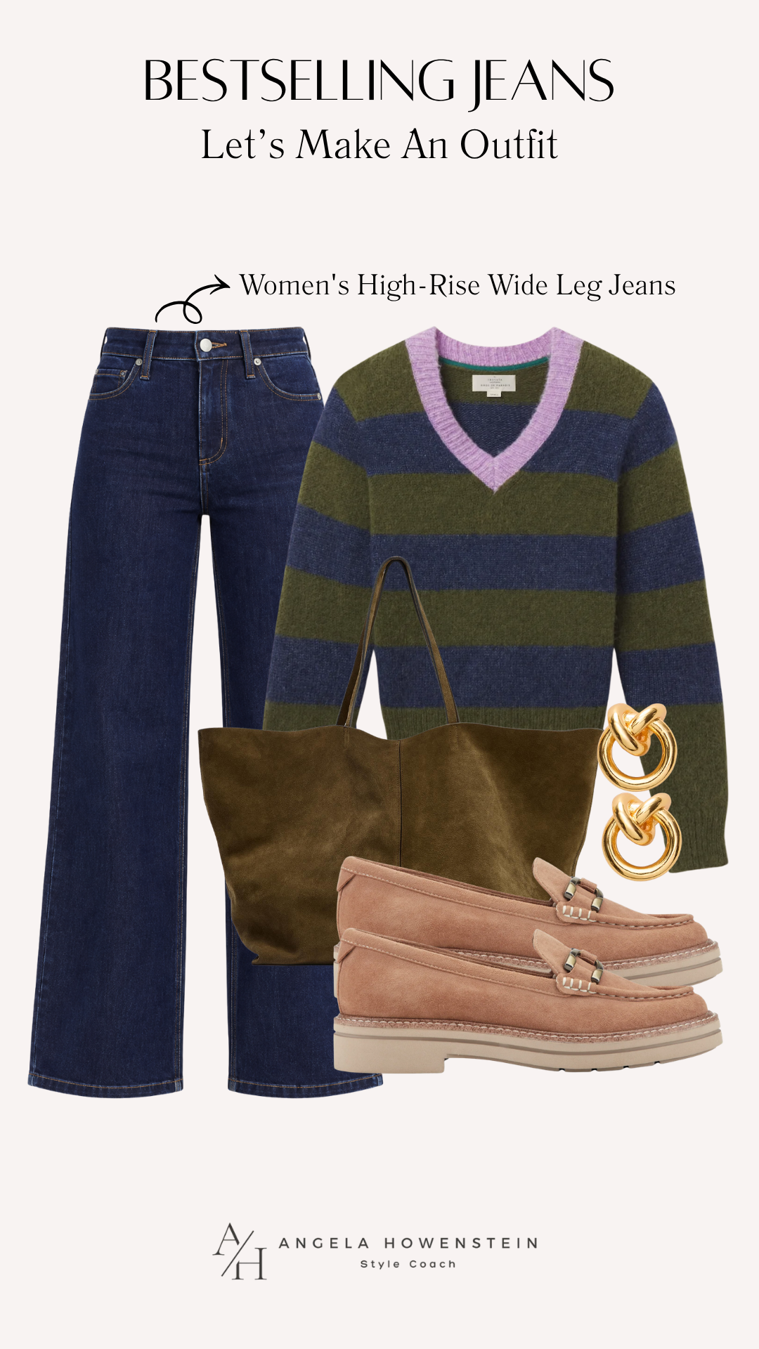 High-rise wide-leg jeans with a navy and olive striped V-neck sweater, olive suede tote, gold earrings, and blush loafers.
