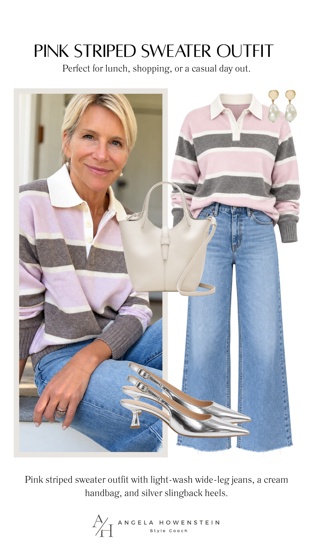 A pink, gray, and ivory striped collared sweater with light-wash wide-leg jeans, a cream handbag, and silver slingbacks.